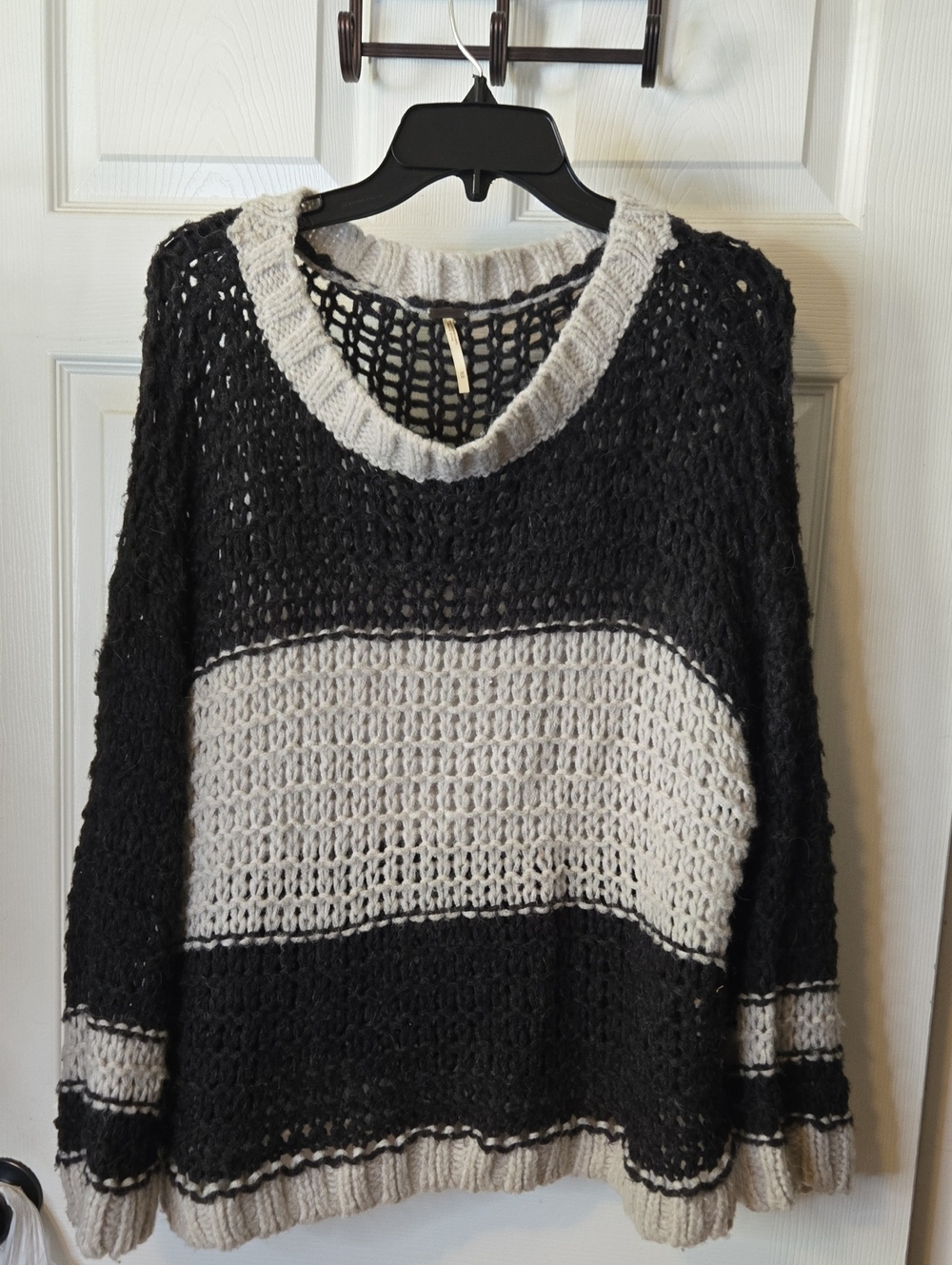 Free People Open-Weave Black and Cream Striped Crew Sweater